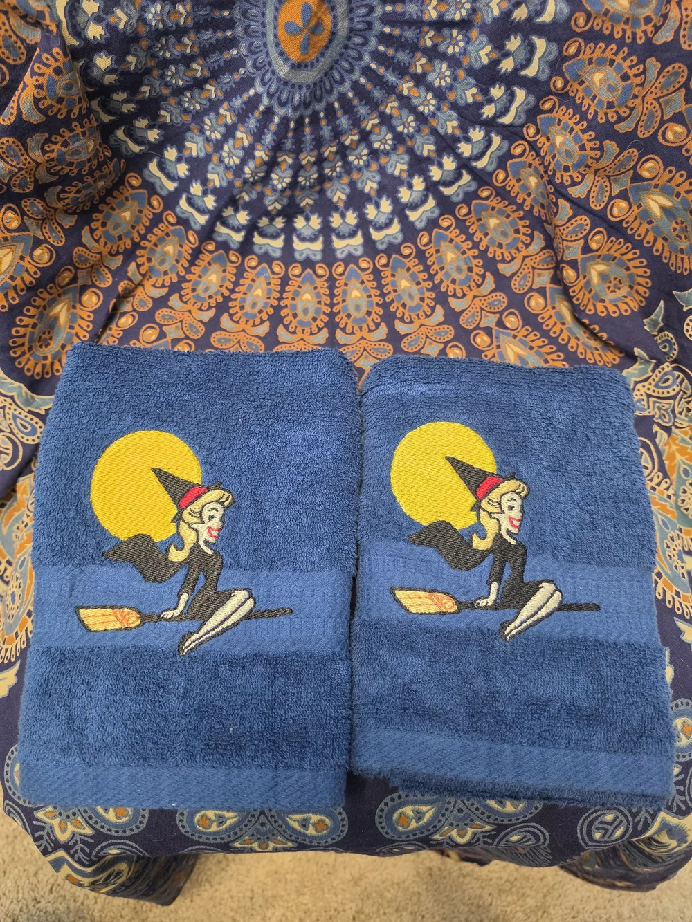 Blue Embroidered Witch Bewitched Hand Towels Set Of 2